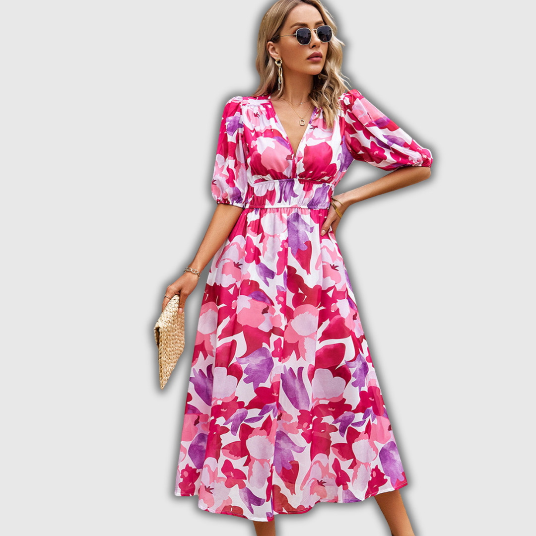 Vestido de Verano de Cuello Redondo con Estampado y Manga Corta