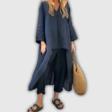Lucía | Conjunto de lino azul marino con cárdigan largo y pantalón capri