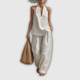 Valentina | Conjunto de lino con top halter y pantalón fluido