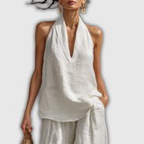 Valentina | Conjunto de lino con top halter y pantalón fluido