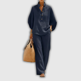 Marcela | Conjunto de lino azul marino con blusa de manga murciélago