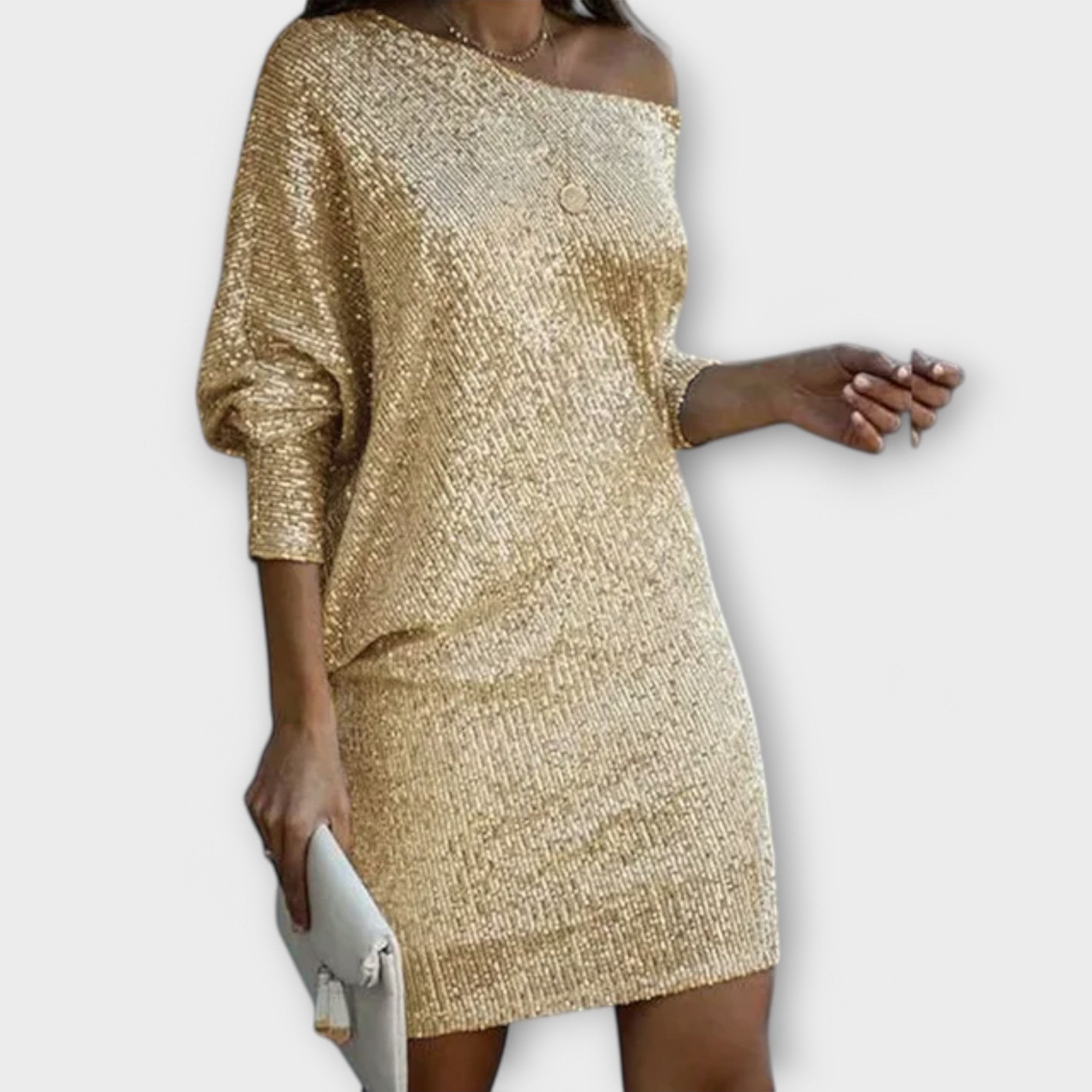 Jéssica – Vestido Brillante con Caída en el Hombro
