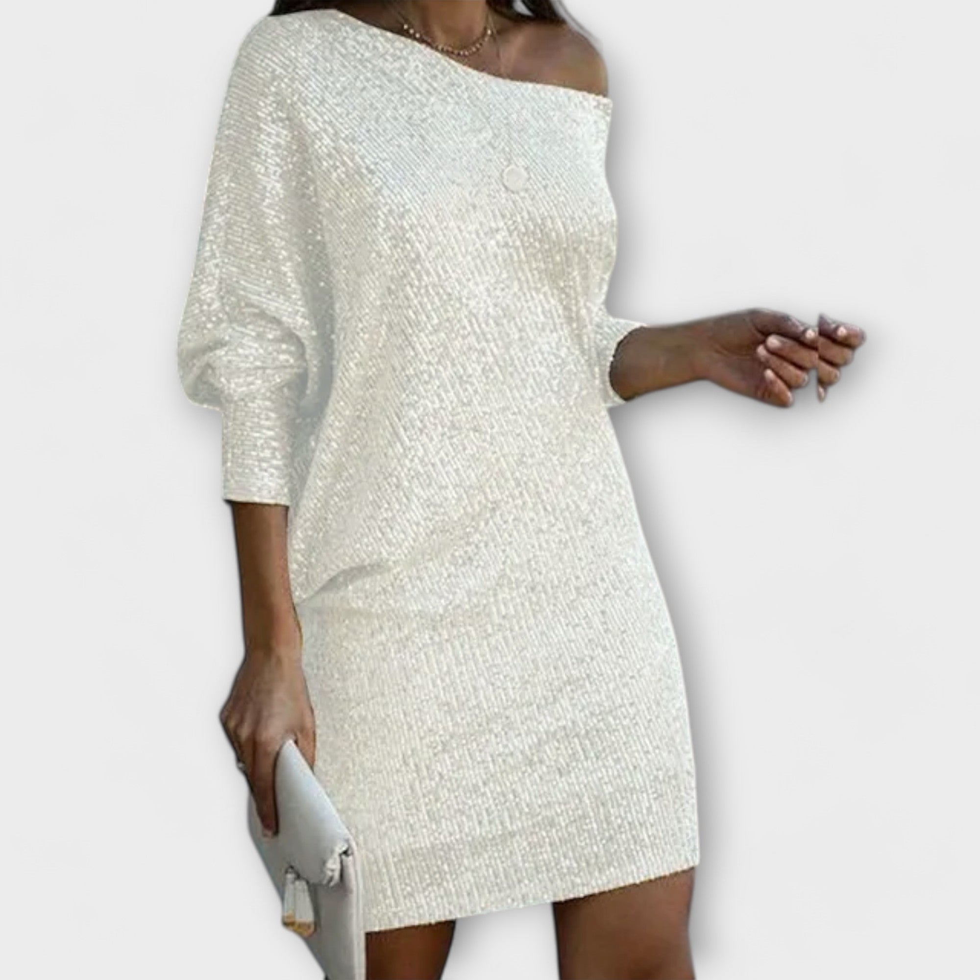 Jéssica – Vestido Brillante con Caída en el Hombro