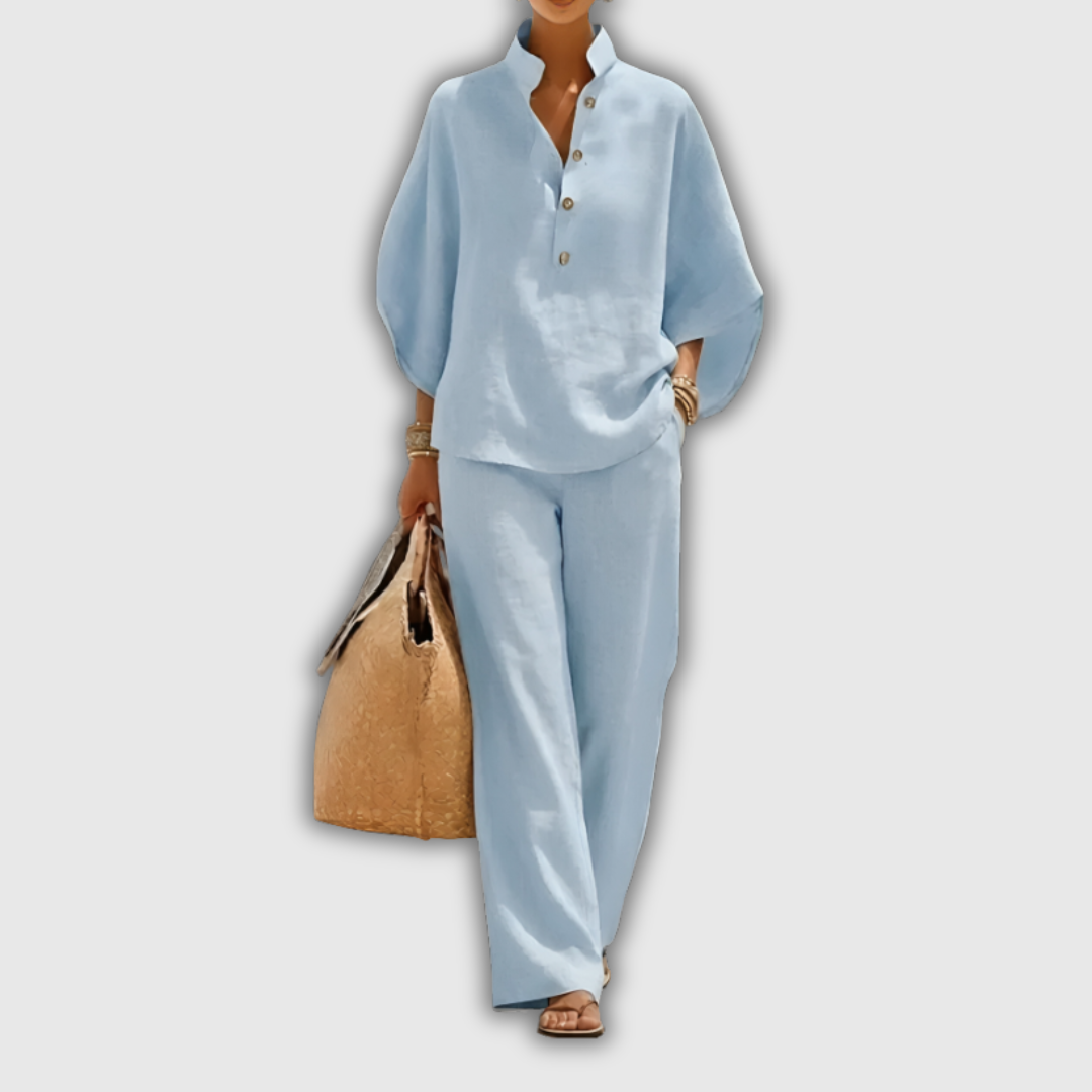 Marcela | Conjunto de lino azul marino con blusa de manga murciélago
