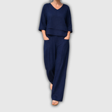Paulina | Conjunto de lino negro con top asimétrico y pantalón palazzo