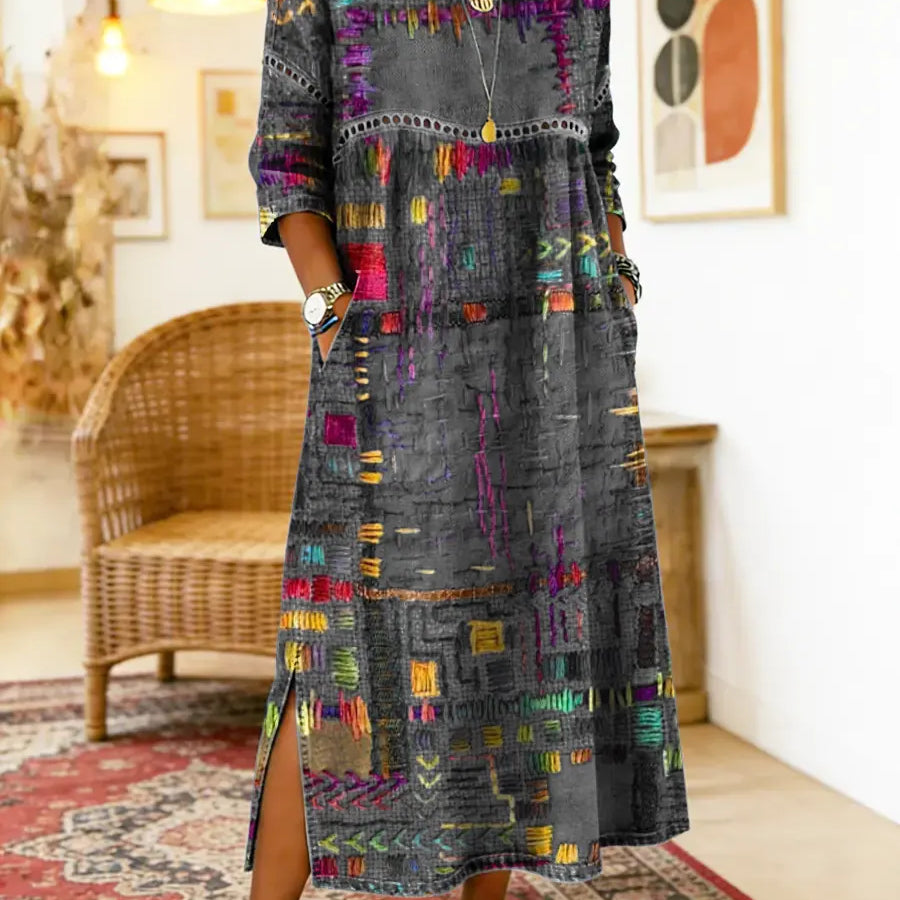 Manuela | Vestido Denim con Patchwork Étnico