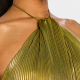 Vestido Bojana Halter Metálico con Espalda Descubierta y Alto Corte