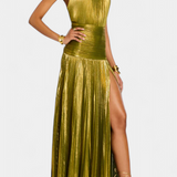 Vestido Hana Halter Metálico con Espalda Descubierta y Alto Corte