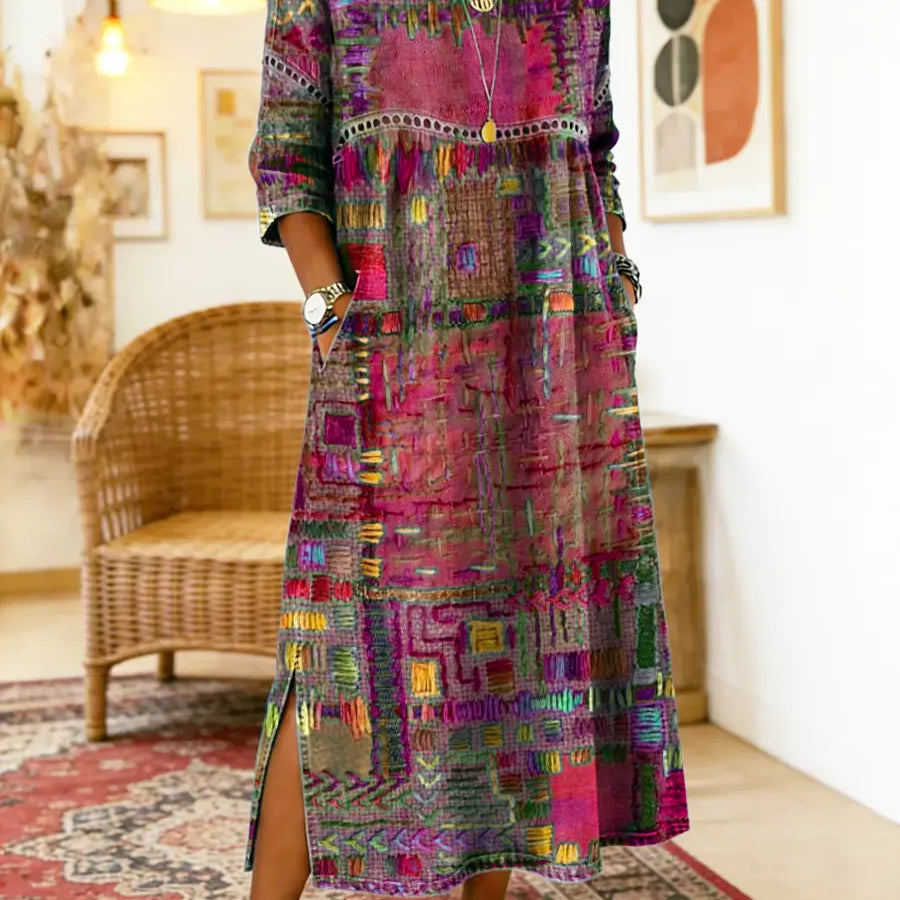 Manuela | Vestido Denim con Patchwork Étnico