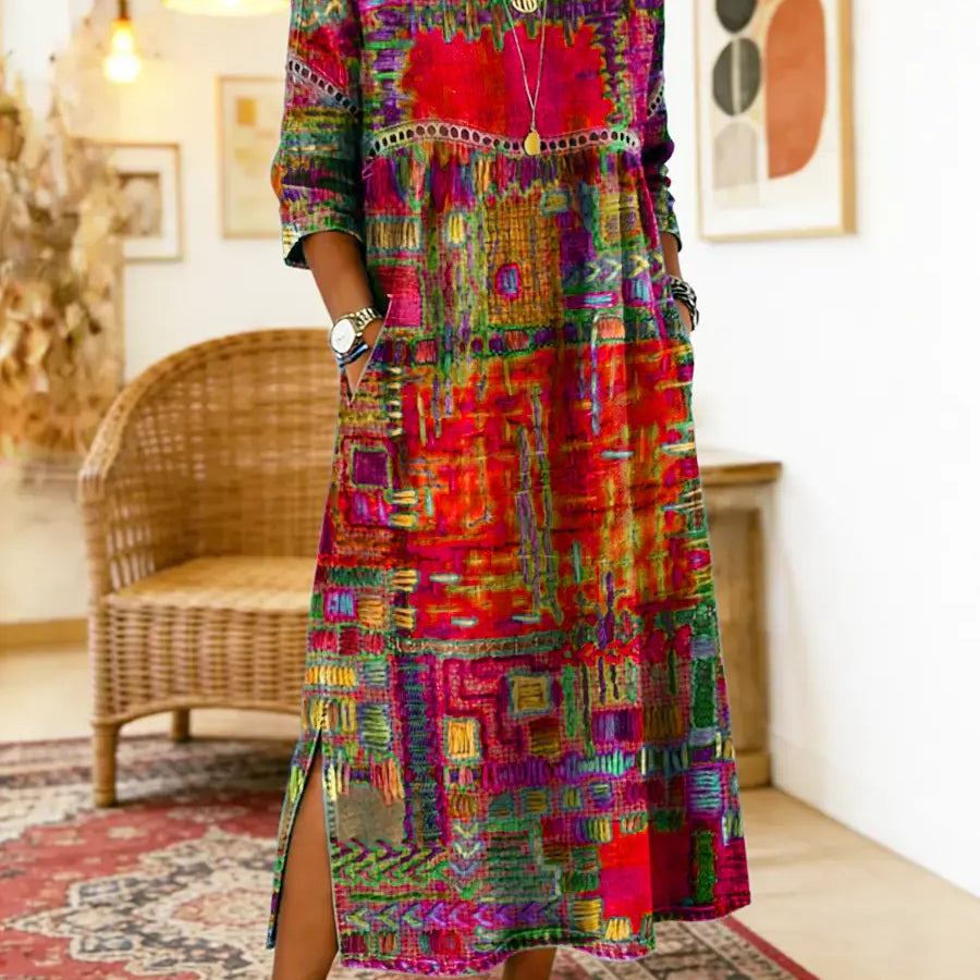Manuela | Vestido Denim con Patchwork Étnico