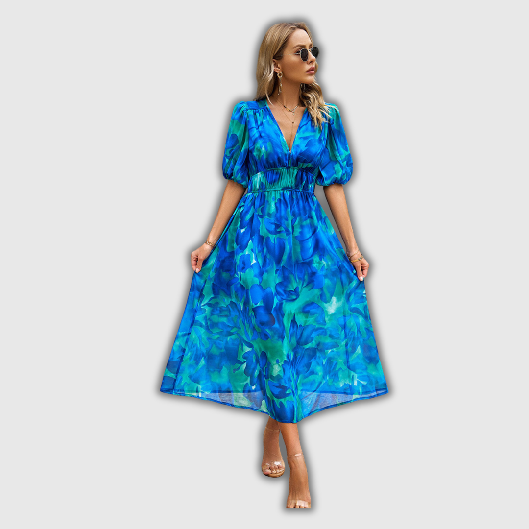 Vestido de Verano de Cuello Redondo con Estampado y Manga Corta