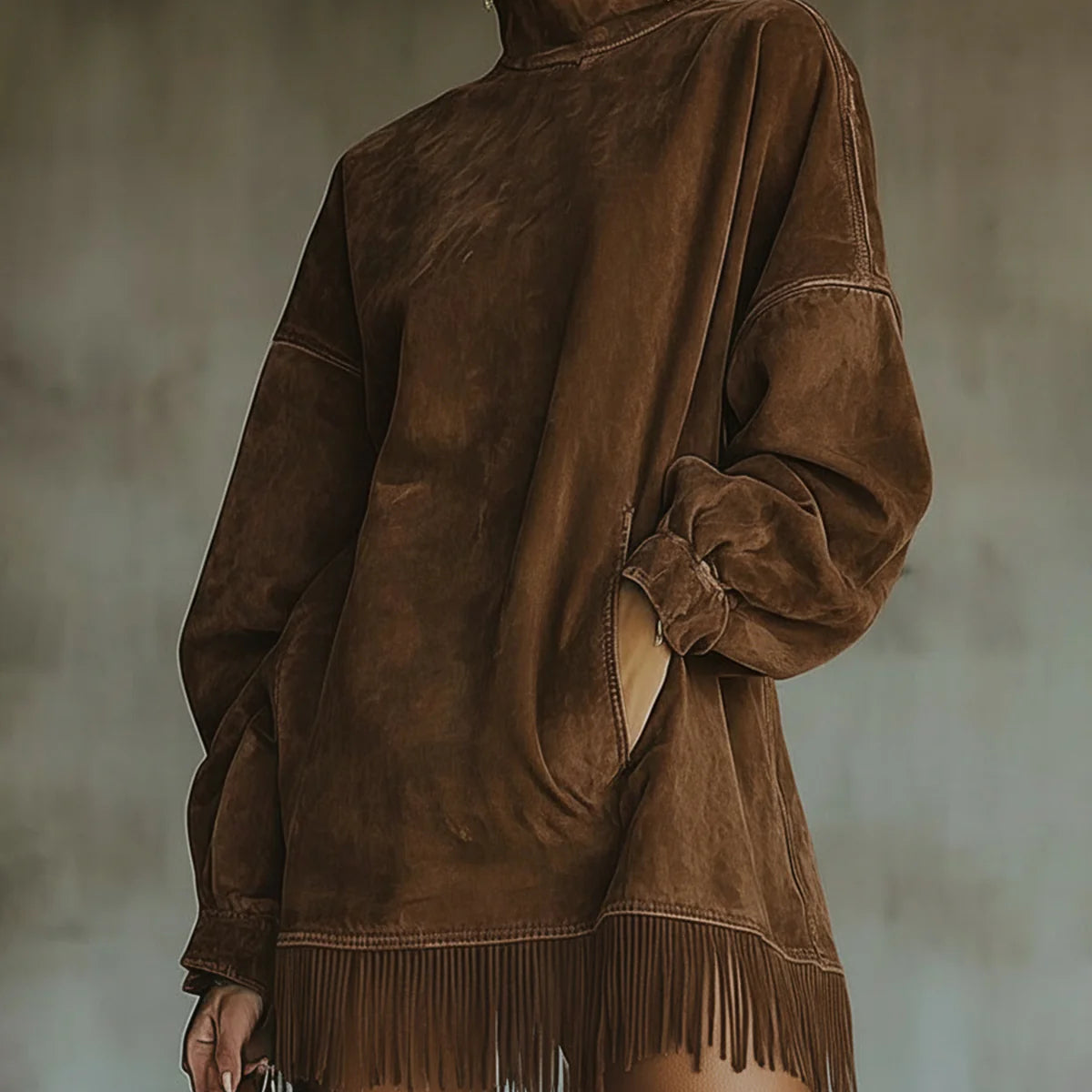 Savana Fringe™ | Vestido Mini de Cuello Alto de Ante Vintage