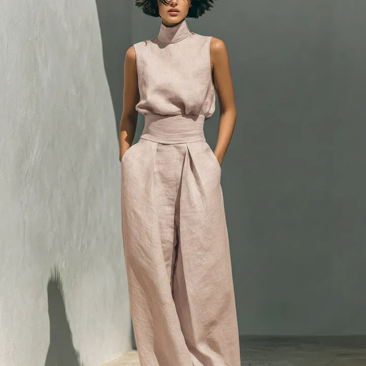 Flor™ | Conjunto minimalista de blusa sin mangas y pantalón de pernera ancha en algodón y lino para mujer