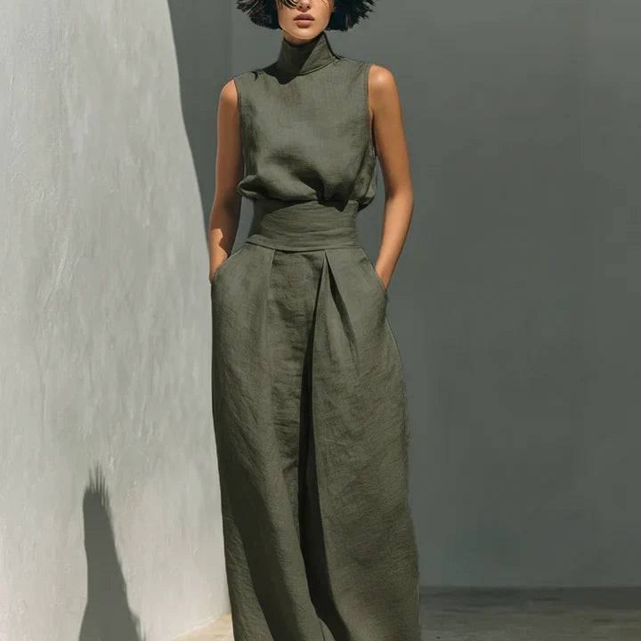 Flor™ | Conjunto minimalista de blusa sin mangas y pantalón de pernera ancha en algodón y lino para mujer