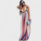 Mila – Elegante vestido maxi a rayas multicolor con escote en V