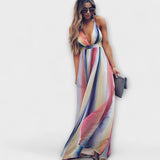 Mila – Elegante vestido maxi a rayas multicolor con escote en V
