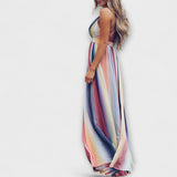 Mila – Elegante vestido maxi a rayas multicolor con escote en V