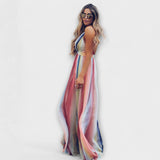 Mila – Elegante vestido maxi a rayas multicolor con escote en V
