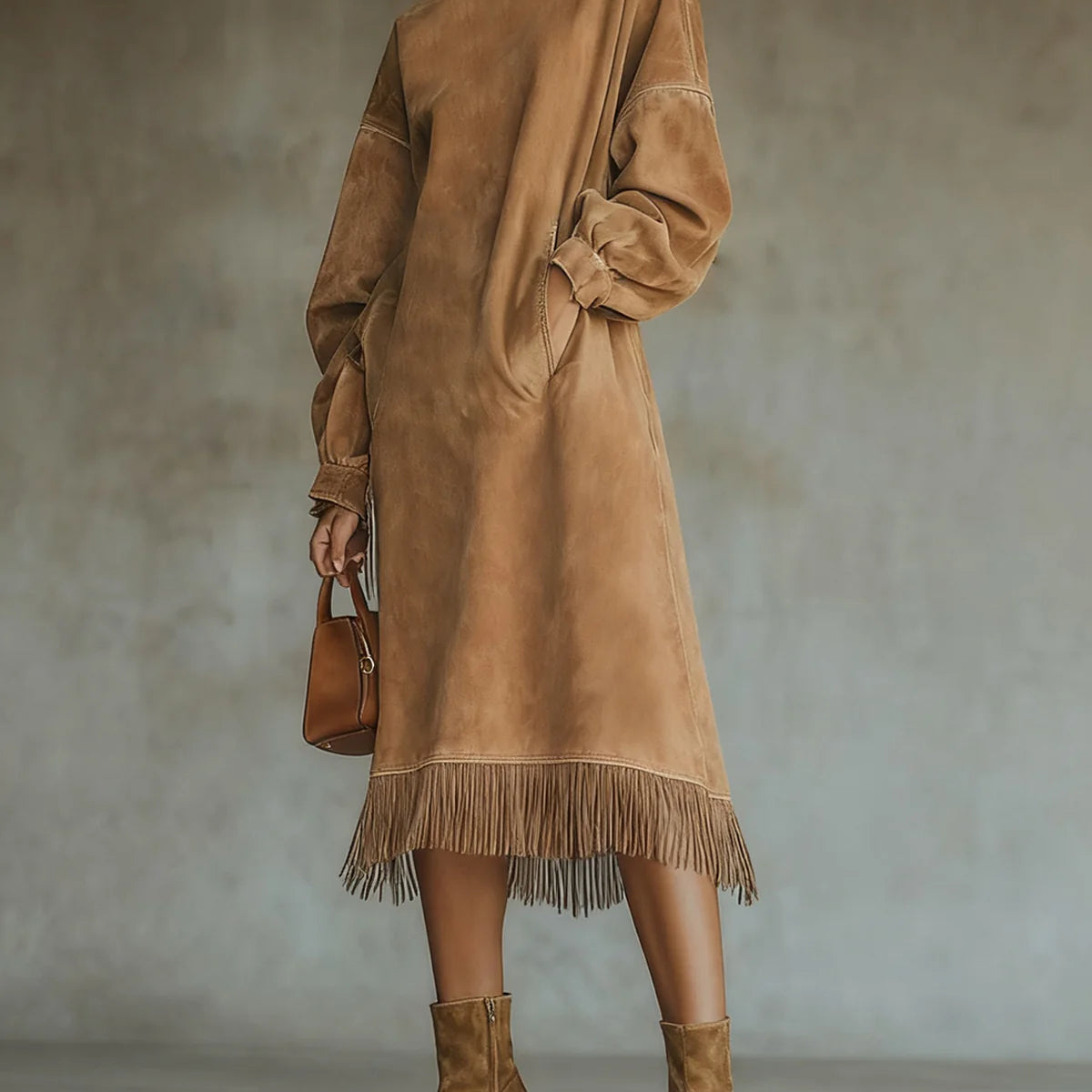 Aurelia Fringe™ | Vestido Midi de Ante Vintage con Cuello Alto