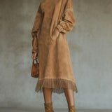 Aurelia Fringe™ | Vestido Midi de Ante Vintage con Cuello Alto