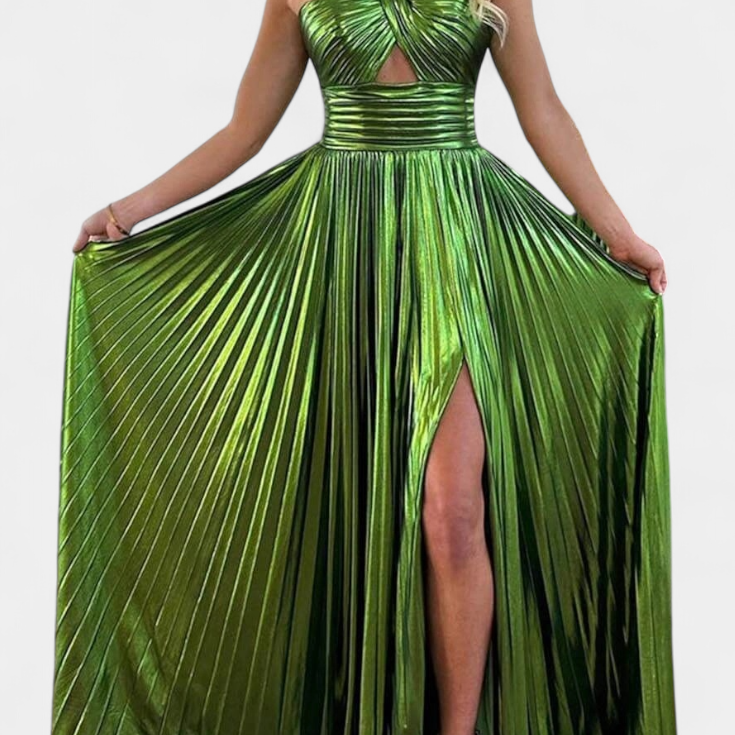 Vestido Branimira Maxi Metalizado con Cruzado y Abertura