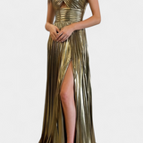 Vestido Branimira Maxi Metalizado con Cruzado y Abertura