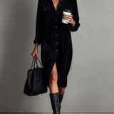 Isla Charcoal™ Vestido Camisa Midi de Pana Vintage