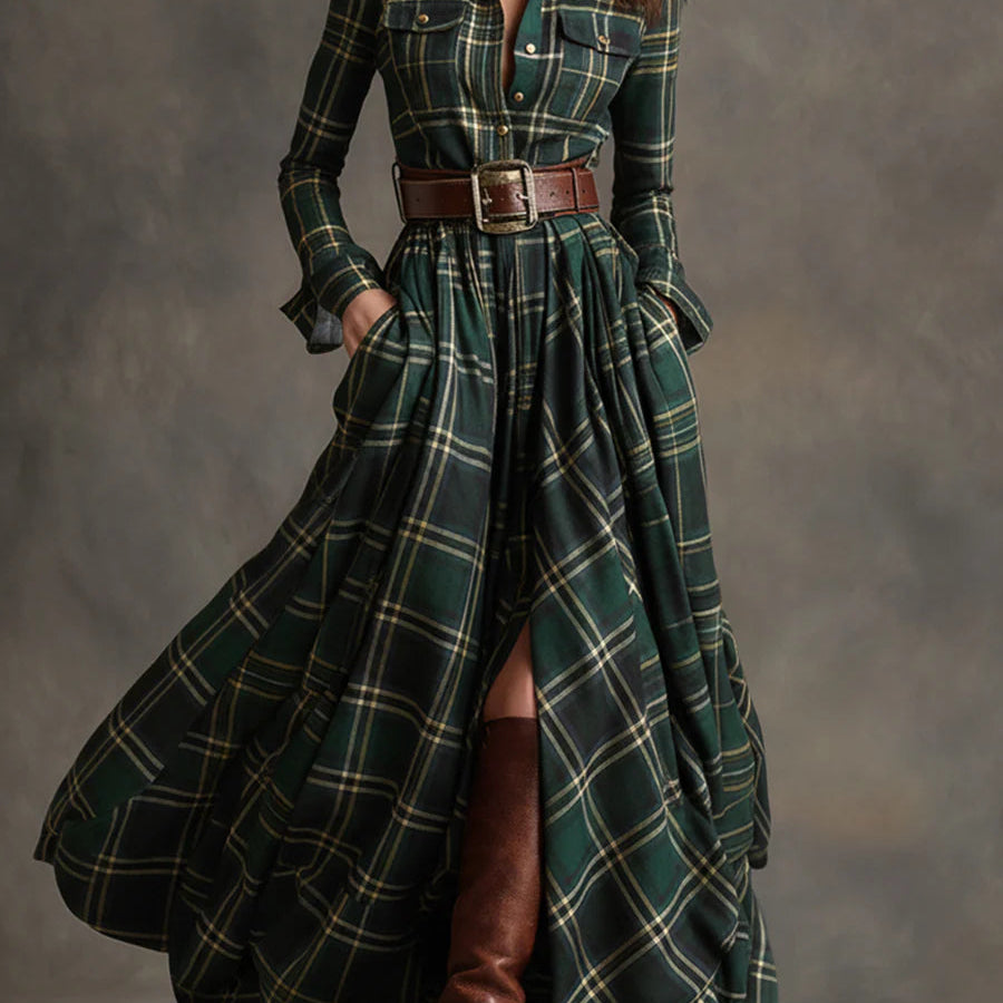 Highland Muse™ | Vestido Maxi de Cuadros Vintage