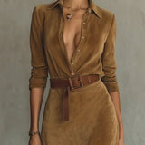 Solaire Suede™ | Elegante Vestido Camisero Maxi Vintage