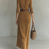 Solaire Suede™ | Elegante Vestido Camisero Maxi Vintage