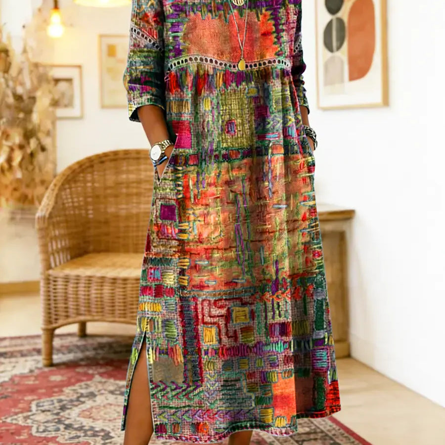 Manuela | Vestido Denim con Patchwork Étnico