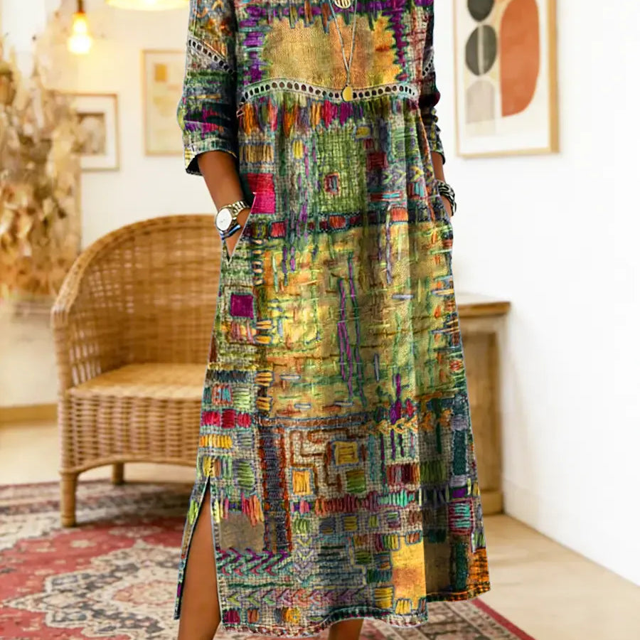 Manuela | Vestido Denim con Patchwork Étnico
