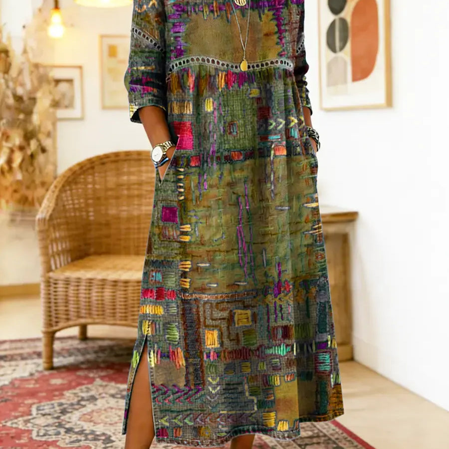 Manuela | Vestido Denim con Patchwork Étnico