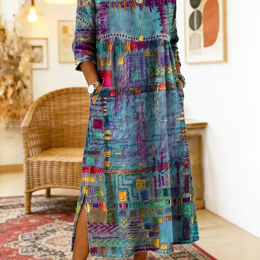 Manuela | Vestido Denim con Patchwork Étnico