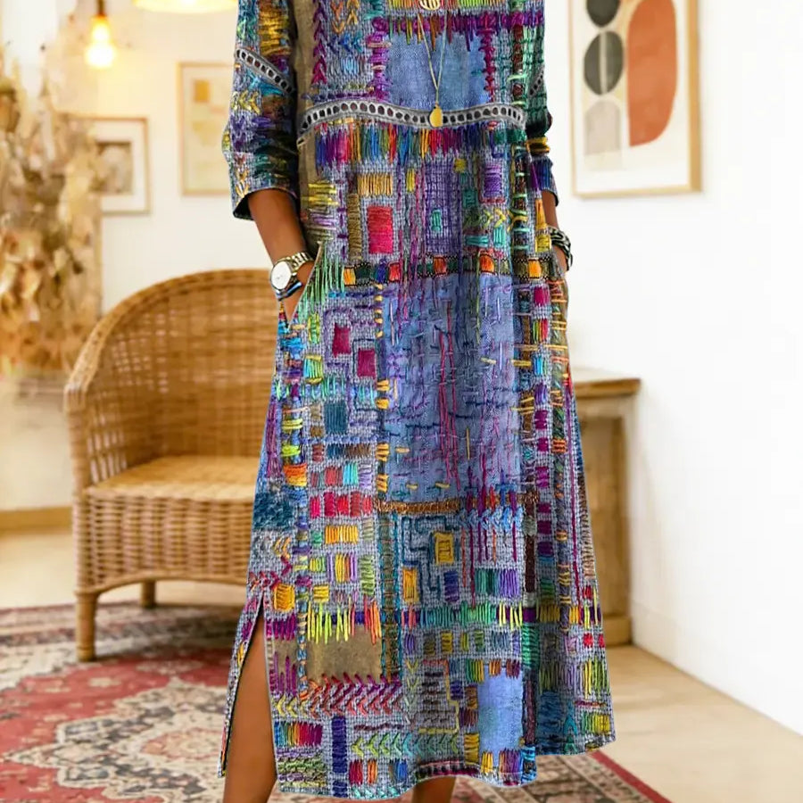 Manuela | Vestido Denim con Patchwork Étnico