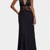 Vestido Largo Martina con Escote Halter y Cintura de Encaje Transparente