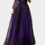 Vestido Maxi Natalija de Chiffón con Hombro Descubierto y Rosa Voluminosa