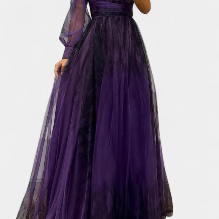 Vestido Maxi Natalija de Chiffón con Hombro Descubierto y Rosa Voluminosa