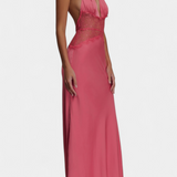 Vestido Largo Martina con Escote Halter y Cintura de Encaje Transparente