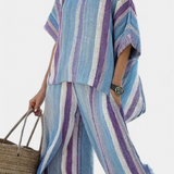 Ginevra — Top elegante en tono malva pastel y pantalones de lino a rayas