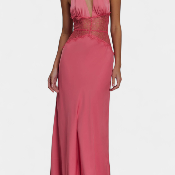 Vestido Largo Martina con Escote Halter y Cintura de Encaje Transparente