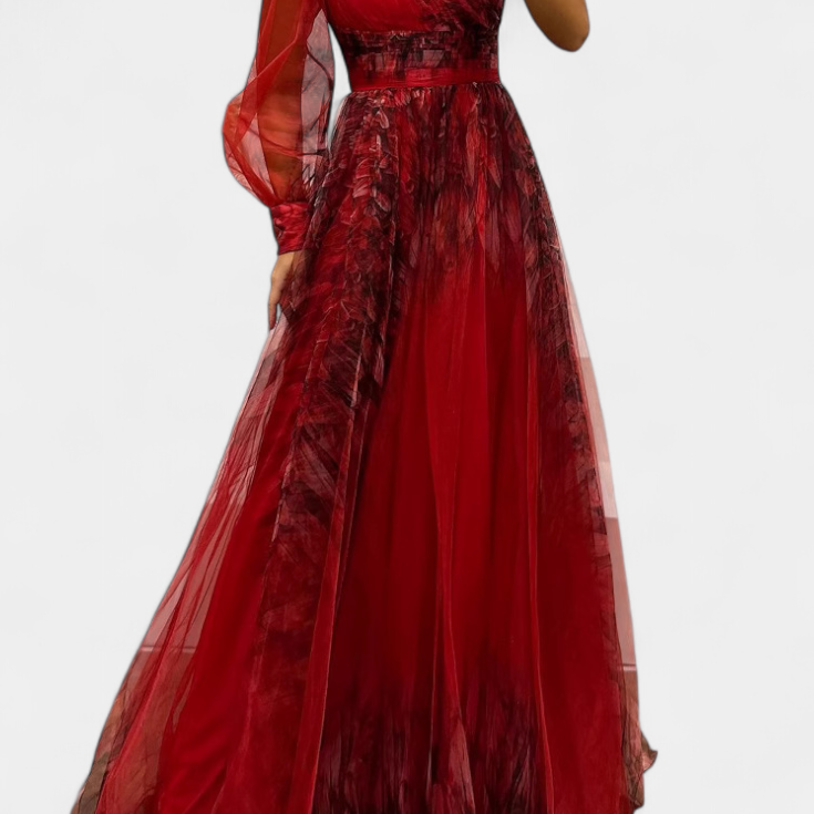 Vestido Maxi Natalija de Chiffón con Hombro Descubierto y Rosa Voluminosa