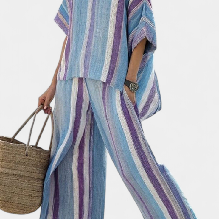 Ginevra — Top elegante en tono malva pastel y pantalones de lino a rayas