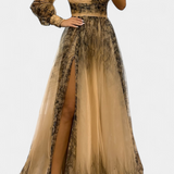 Vestido Maxi Natalija de Chiffón con Hombro Descubierto y Rosa Voluminosa