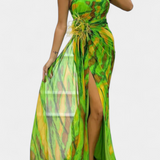 Vestido Blanka Maxi Asimétrico con Patrón Vibrante