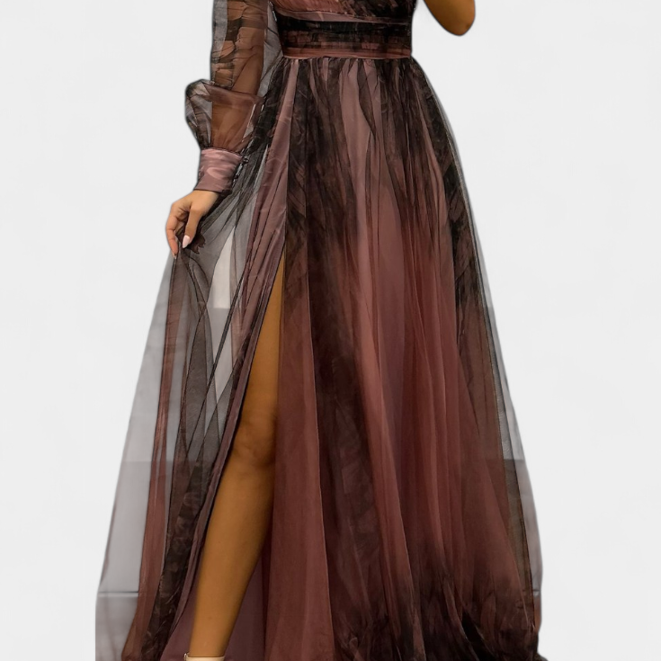 Vestido Maxi Natalija de Chiffón con Hombro Descubierto y Rosa Voluminosa