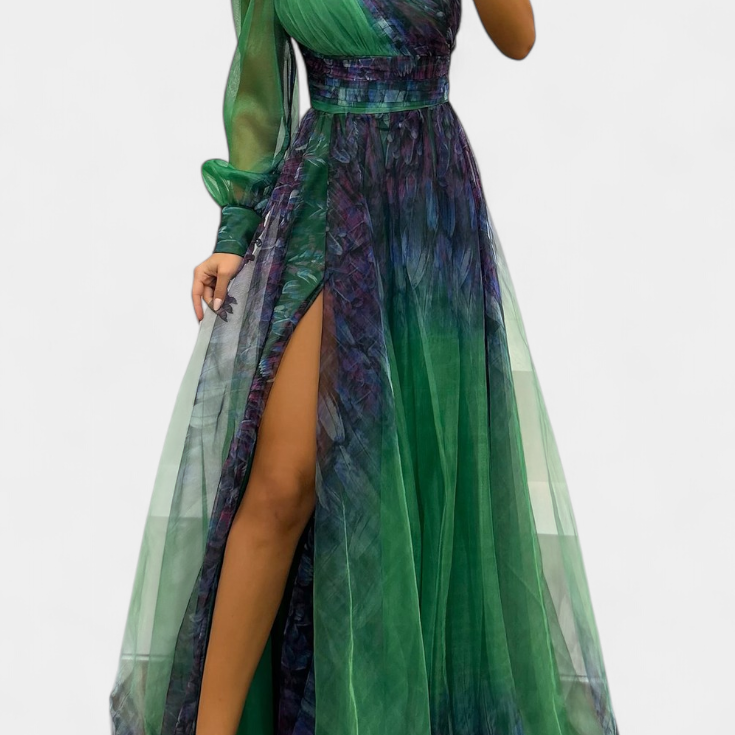 Vestido Maxi Natalija de Chiffón con Hombro Descubierto y Rosa Voluminosa