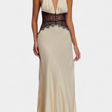 Vestido Largo Martina con Escote Halter y Cintura de Encaje Transparente