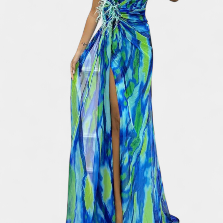Vestido Blanka Maxi Asimétrico con Patrón Vibrante