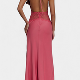 Vestido Largo Martina con Escote Halter y Cintura de Encaje Transparente